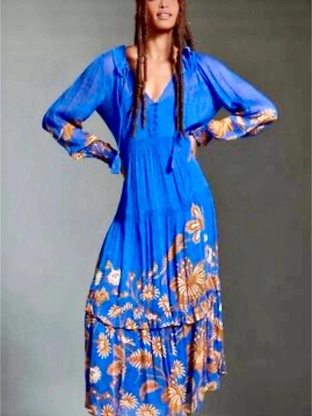 • Anthropologie Marais Printed Sheer Maxi Dress Blue Gold Floral Long Sleeve